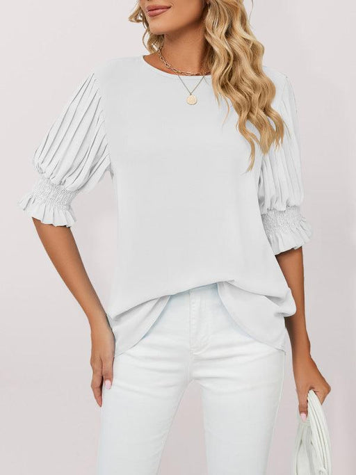 Elegant Crew-Neck Printed Puff Sleeve Blouse crafted from Polyester