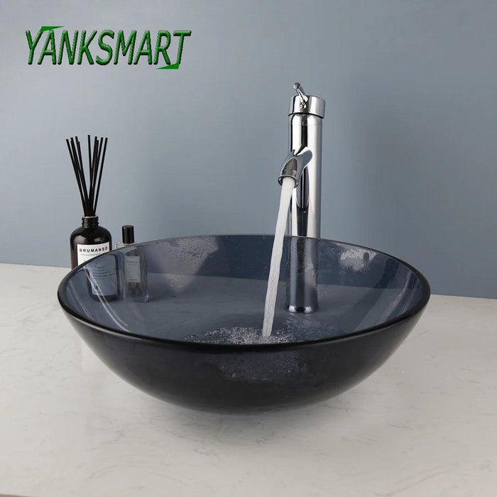 Stylish Hand-Painted Grey Tempered Glass Bathroom Sink Ensemble with Faucet and Chrome Drain Kit