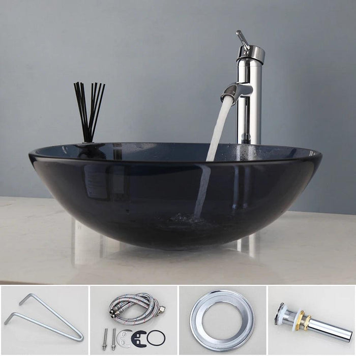 Stylish Hand-Painted Grey Tempered Glass Bathroom Sink Ensemble with Faucet and Chrome Drain Kit