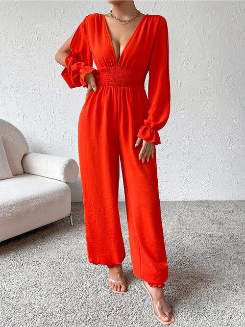 Chic Sheer Ruffled Sleeve Plunge Jumpsuit