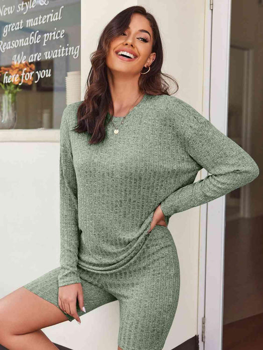 Ribbed Cozy Lounge Set with Long Sleeve Top and Shorts