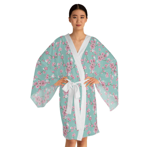 Cherry Blossom Patterned Bell Sleeve Kimono Robe with Belt