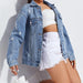 Effortlessly Chic Distressed Denim Jacket with Classic Collared Neck