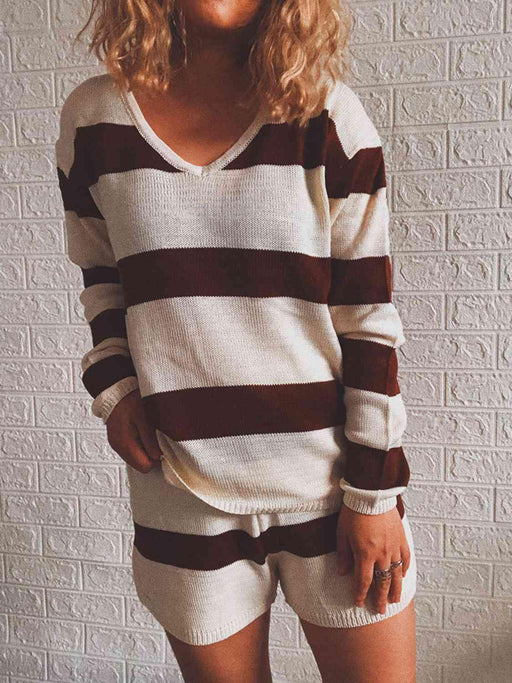 Chic Striped Knit Relaxed Lounge Set with Comfy Top and Shorts