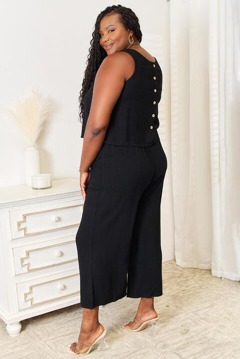 Elegant Button-Up Tank & Wide-Leg Trousers Ensemble