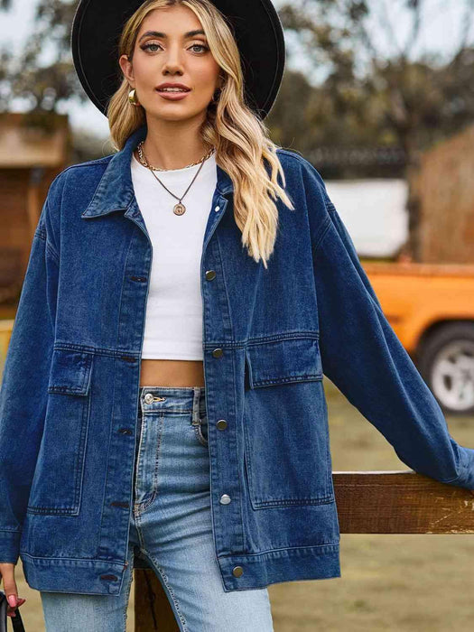 Trendy Oversized Denim Coat with Stylish Collar and Functional Pockets