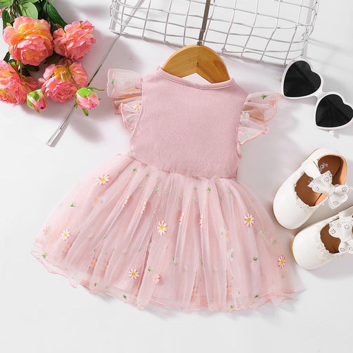 Embellished Flutter Sleeve Baby Dress - Adorable Cotton Blend Infant Outfit