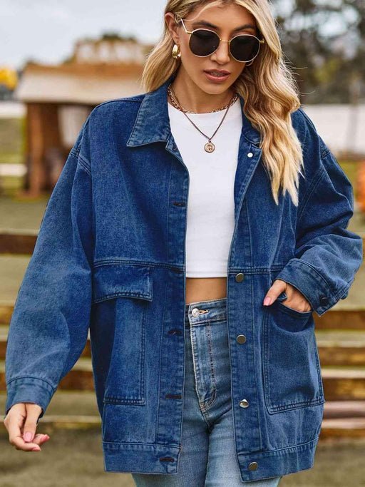 Oversized Denim Jacket with Chic Collared Neck and Handy Pockets