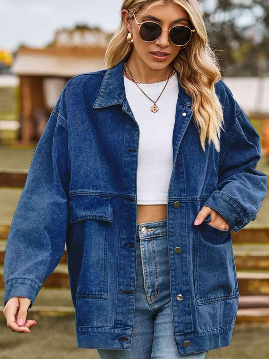 Trendy Oversized Denim Coat with Stylish Collar and Functional Pockets