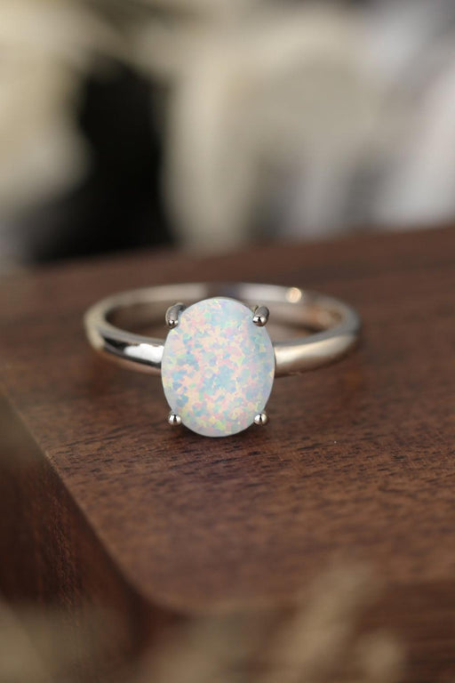 Elegant Opal Solitaire Sterling Silver Ring with Platinum Plating