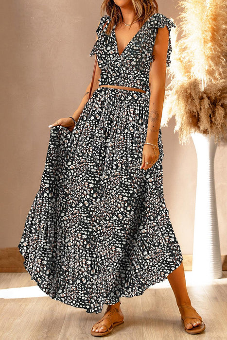 Floral Frill Tie-Back Top and Maxi Skirt Set