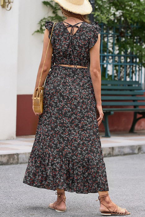 Floral Frill Tie-Back Top and Maxi Skirt Set