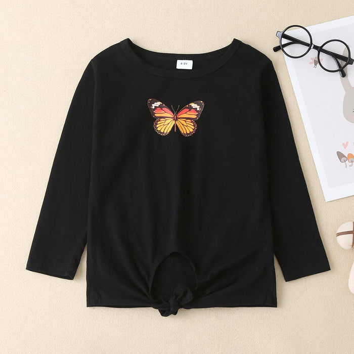 Butterfly Graphic Casual Tee with Round Neck and Long Sleeves for Children