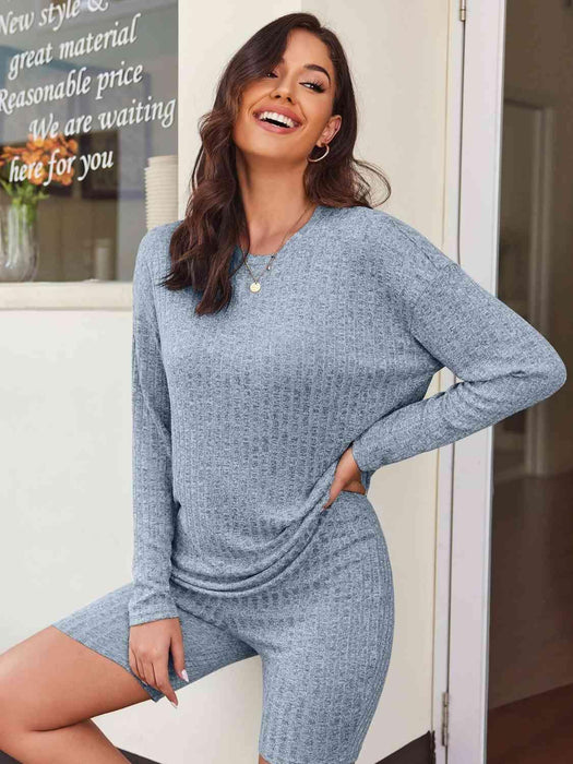 Ribbed Cozy Lounge Set with Long Sleeve Top and Shorts