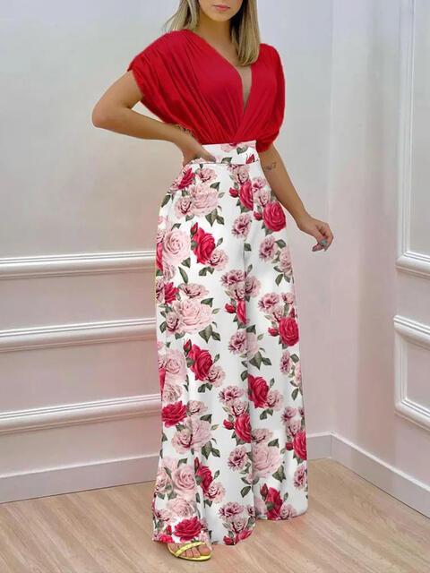 Chic Floral Print Blouse and Flowing Trousers Set