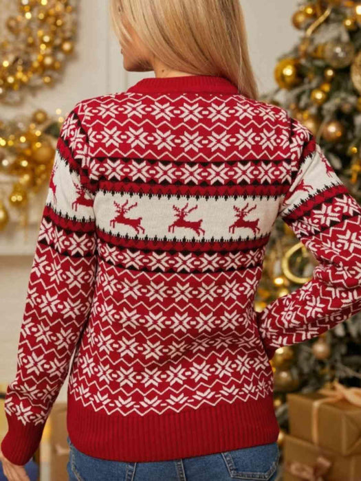 Festive Reindeer & Snowflake Plush Winter Pullover in Premium Polyester