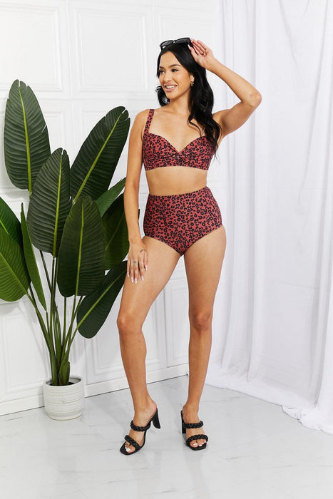 Ochre Leopard High-Waisted Twist Front Bikini Set - Marina West Collection