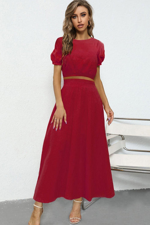 Effortlessly Elegant Puff Sleeve Crop Top and Maxi Skirt Set - Luxurious Casual Fashion Choice