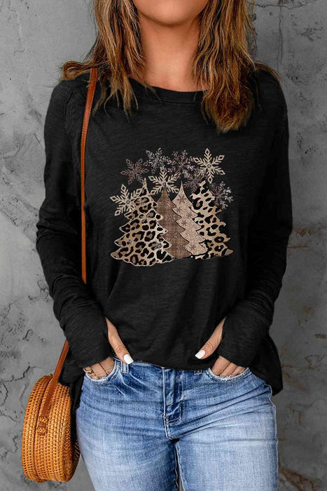 Festive Christmas Tree Patterned Long Sleeve Top