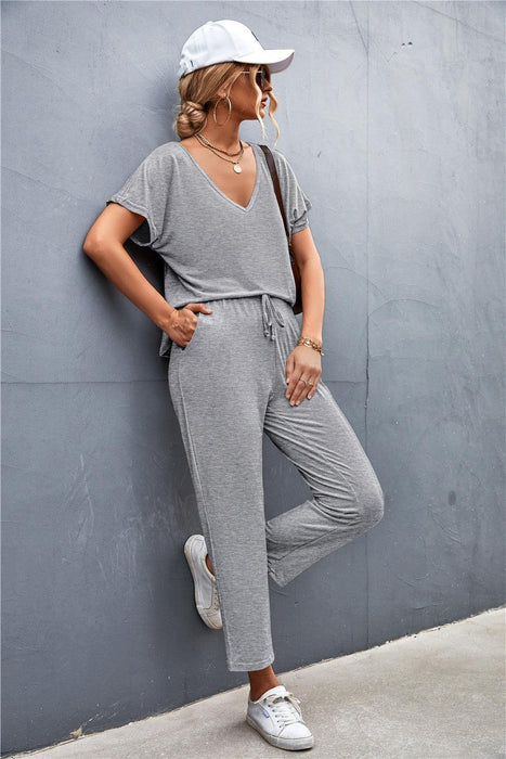 Elegant Ease V-Neck Top and Drawstring Trousers Set