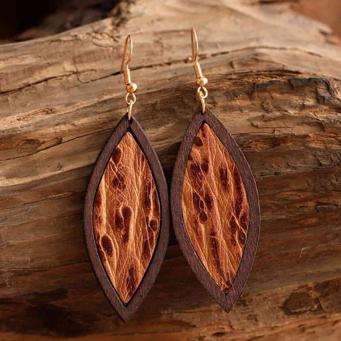 Rustic Wood and Leather Geometric Drop Earrings with Western Influence