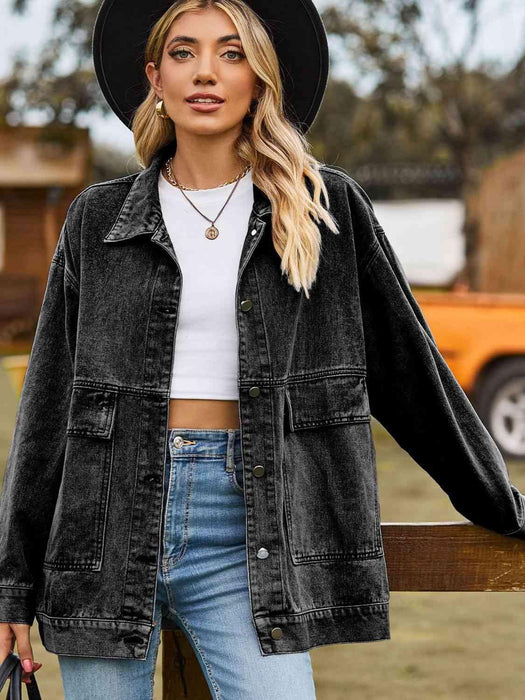 Trendy Oversized Denim Coat with Stylish Collar and Functional Pockets