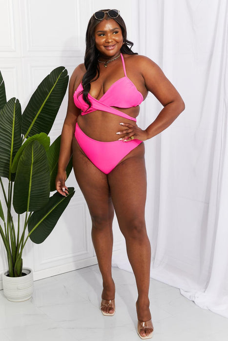 Pink Summer Splash Halter Bikini Set with Twisted Front by Marina West Swim