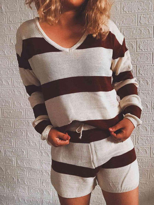 Chic Striped Knit Relaxed Lounge Set with Comfy Top and Shorts