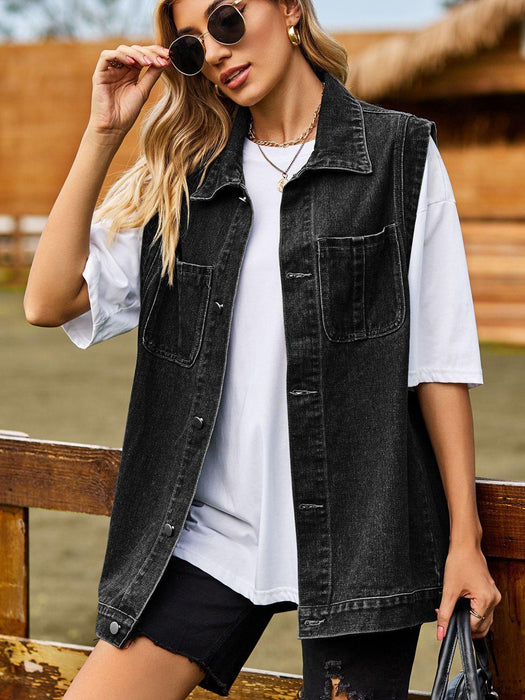 Stylish Denim Vest with Collared Neckline and Functional Pockets