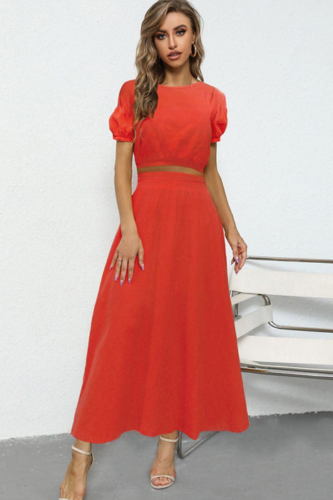 Elegant Crop Top and Maxi Skirt Set with Puff Sleeves - Perfect Casual Attire