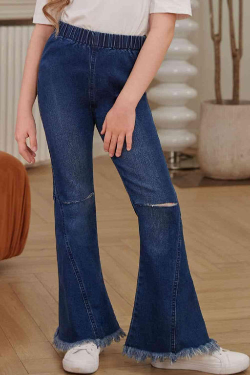 Trendy Distressed Flare Jeans with Frayed Edge for Stylish Teens