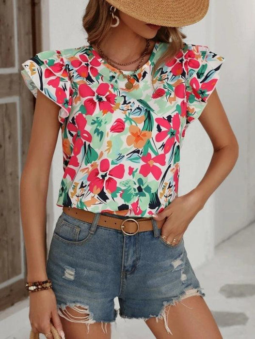 Floral Elegance Flutter Sleeve Blouse for Women