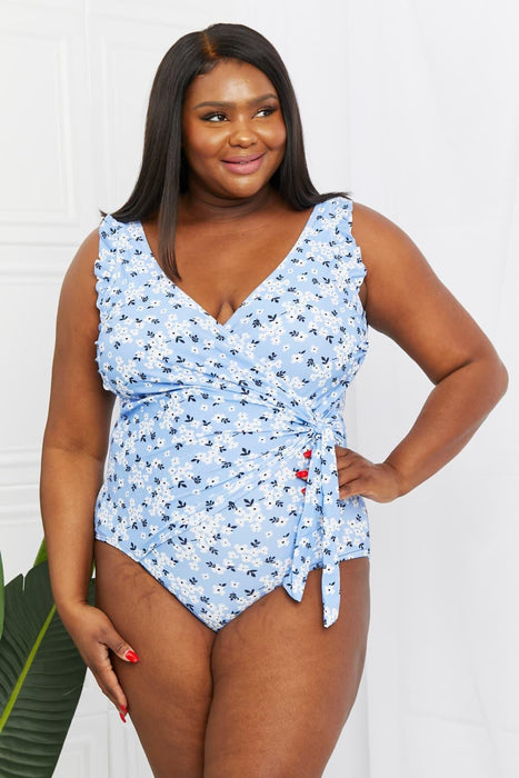 Blossom Blue Ruffled Wrap One-Piece Swimsuit