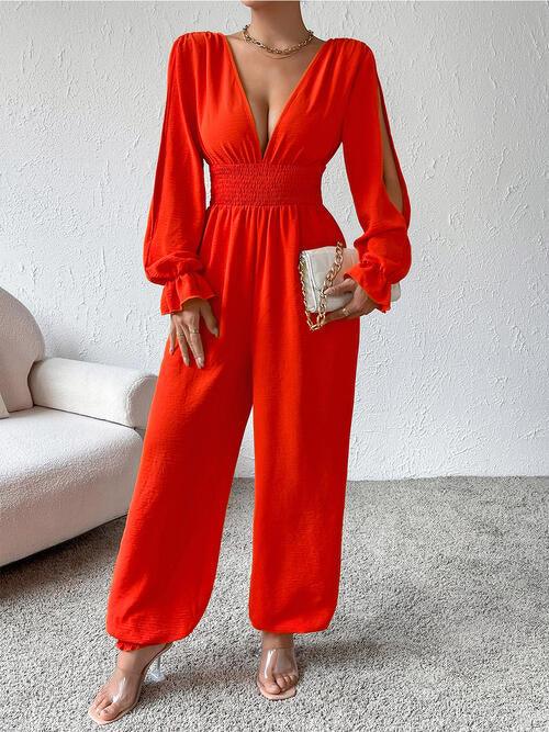 Chic Sheer Ruffled Sleeve Plunge Jumpsuit