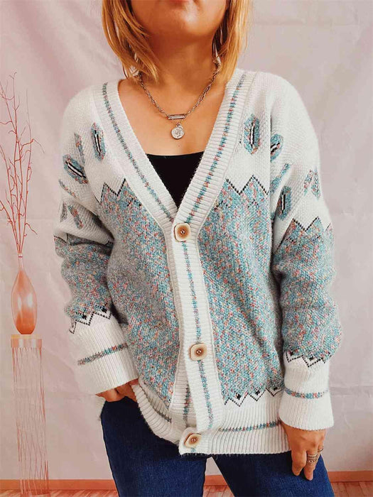 Elegant Button-Up Cardigan with Geometric Flair