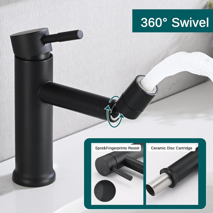 360° Rotating Matte Black Bathroom Sink Faucet with Dual Water Flow Modes