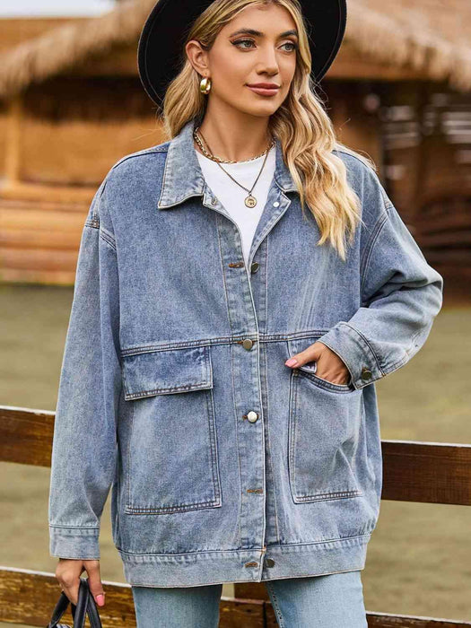 Trendy Oversized Denim Coat with Stylish Collar and Functional Pockets