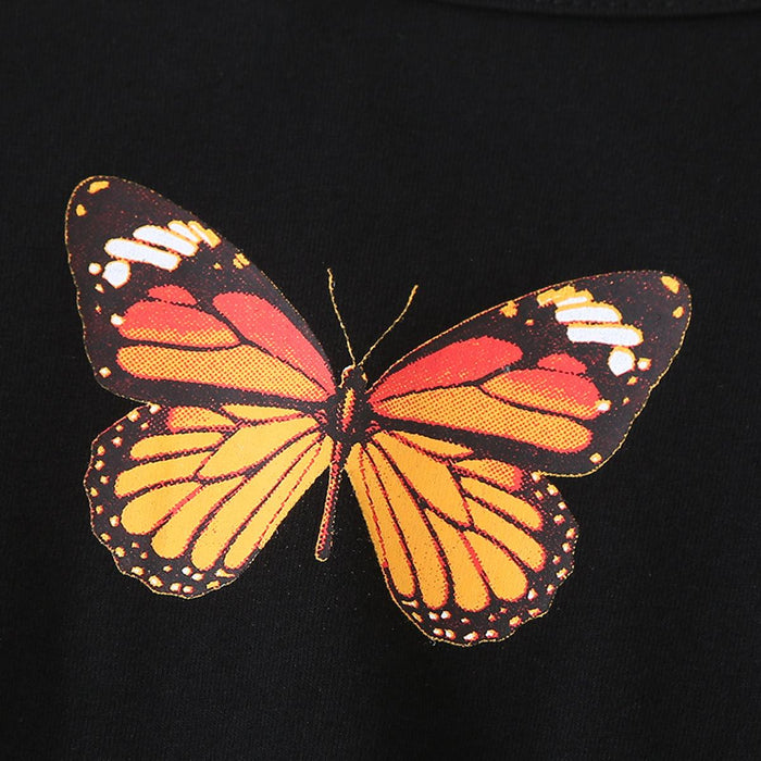 Butterfly Graphic Casual Tee with Round Neck and Long Sleeves for Children