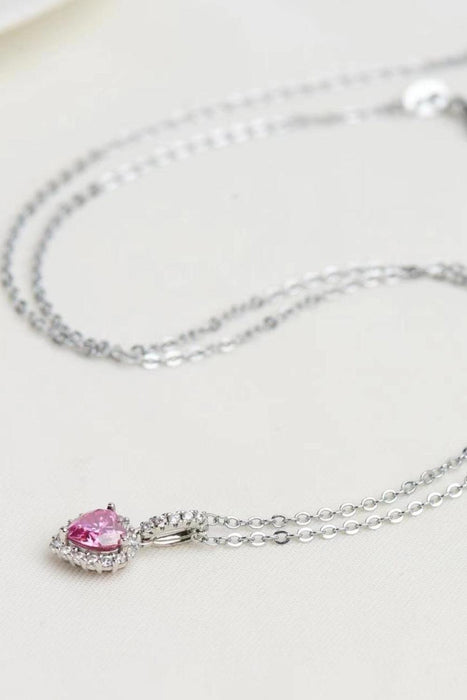 Pink Moissanite Heart Necklace with Zircon Accents - Elegant Romance