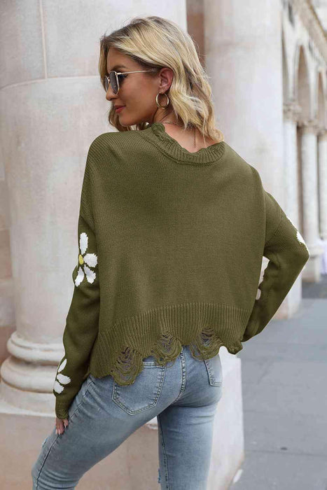 Cozy Blossom Distressed Knit Pullover