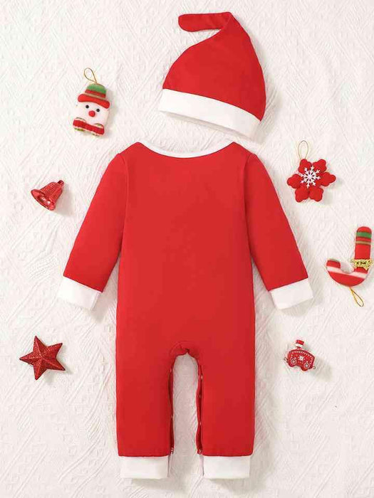 Holiday Graphic Print Baby Romper Set with Matching Beanie