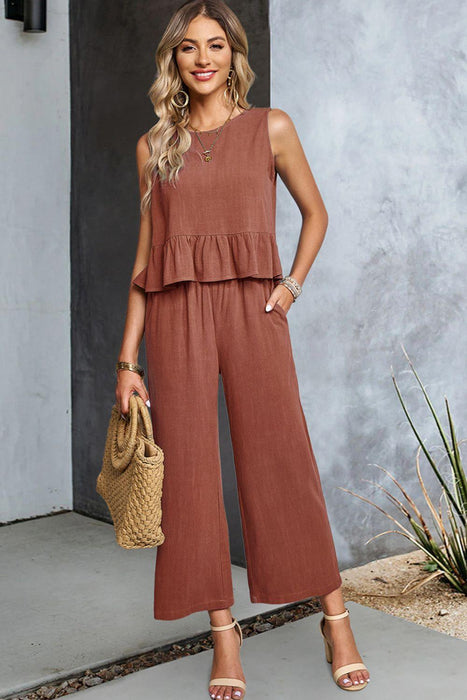 Ruffle Tank Top and Pants Set with Button Accents