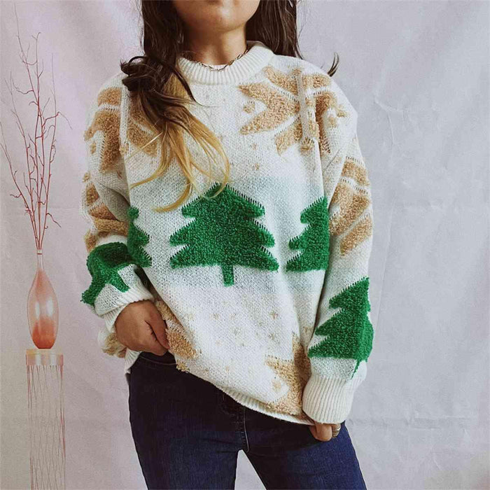 Festive Cozy Snowflake Long Sleeve Sweater with Round Neck