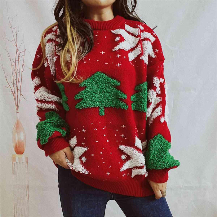 Festive Cozy Snowflake Long Sleeve Sweater with Round Neck