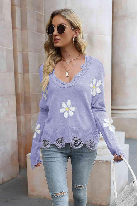 Cozy Blossom Distressed Knit Pullover