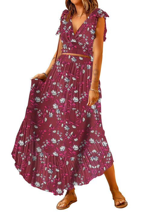 Floral Frill Tie-Back Top and Maxi Skirt Set