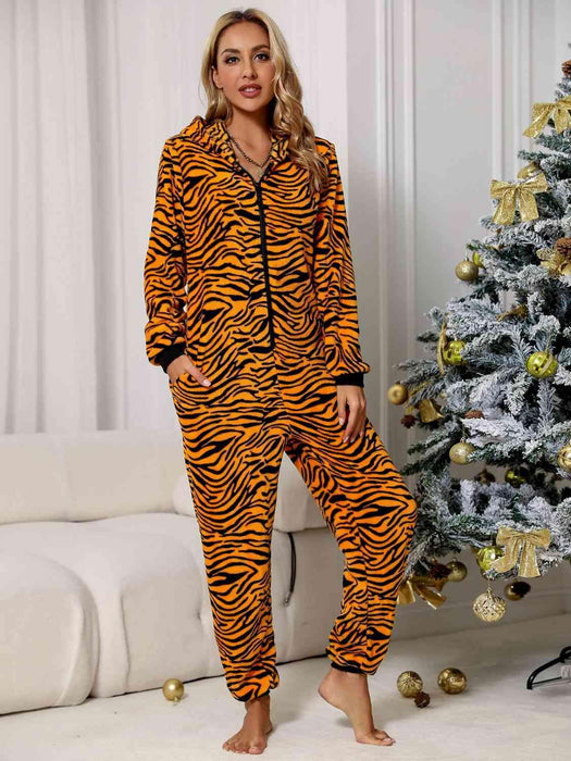 Chic Animal Print Lounge Jumpsuit with Convenient Pockets and Zip Closure