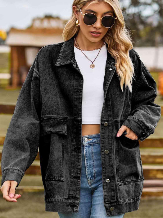 Trendy Oversized Denim Coat with Stylish Collar and Functional Pockets