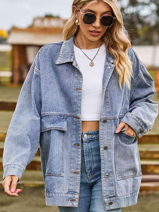 Trendy Oversized Denim Coat with Stylish Collar and Functional Pockets