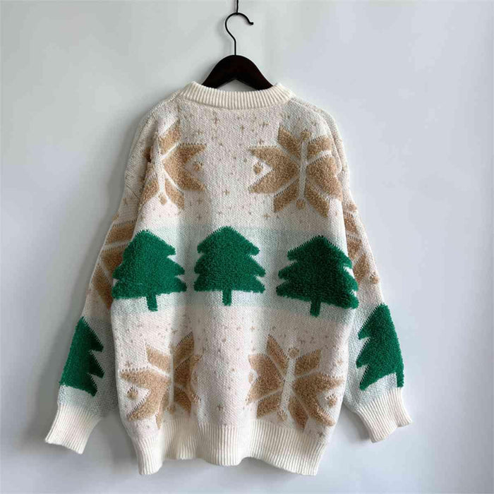 Festive Snowflake Sweater with Round Neck and Long Sleeves